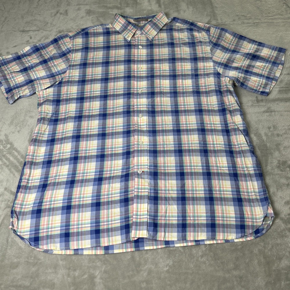 Daniel Cremieux Men Shirt XL Button French Linen Short Sleeve Plaid Blue